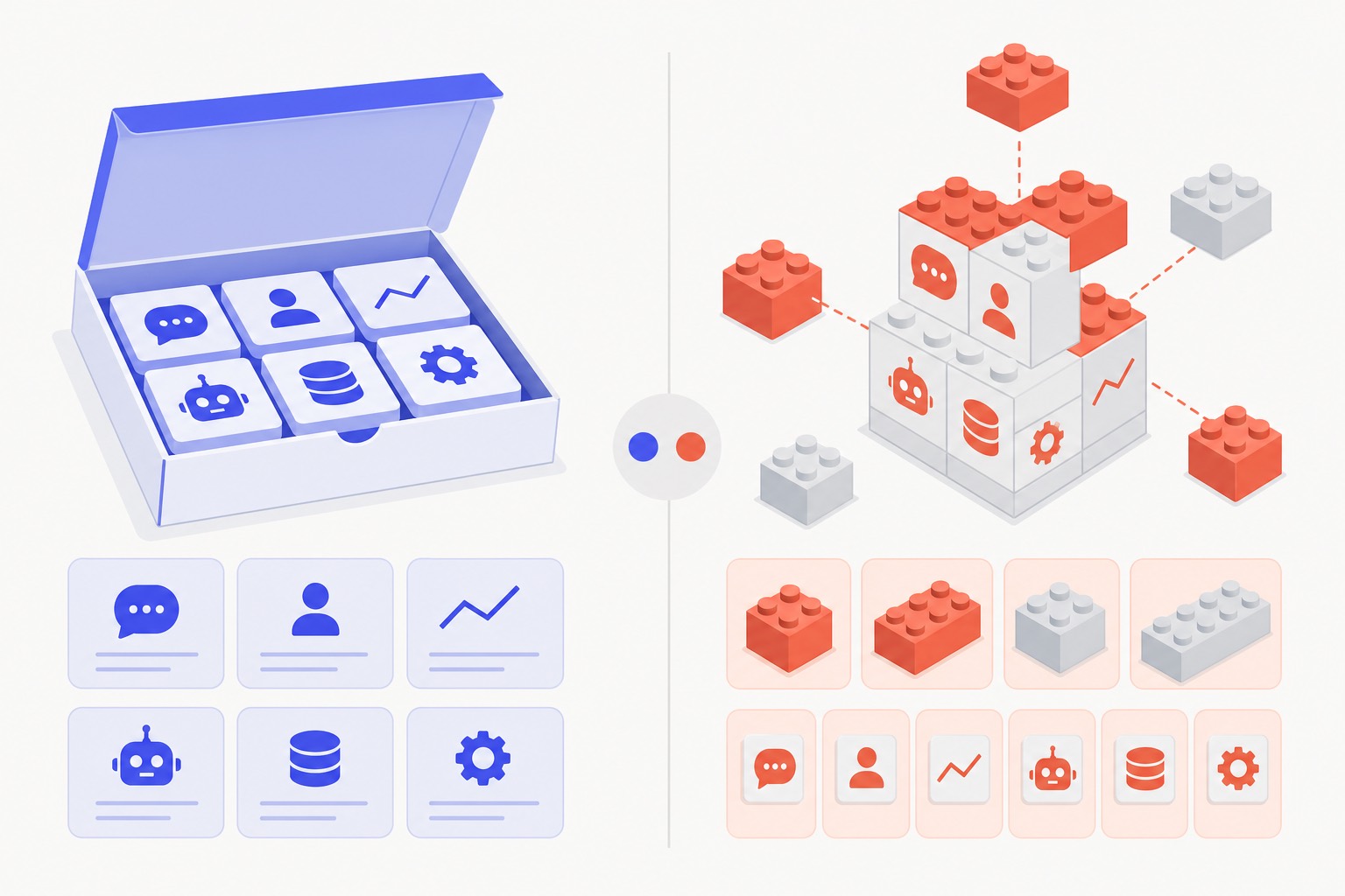Comparativo visual: agentes prontos no marketplace versus montagem sob medida